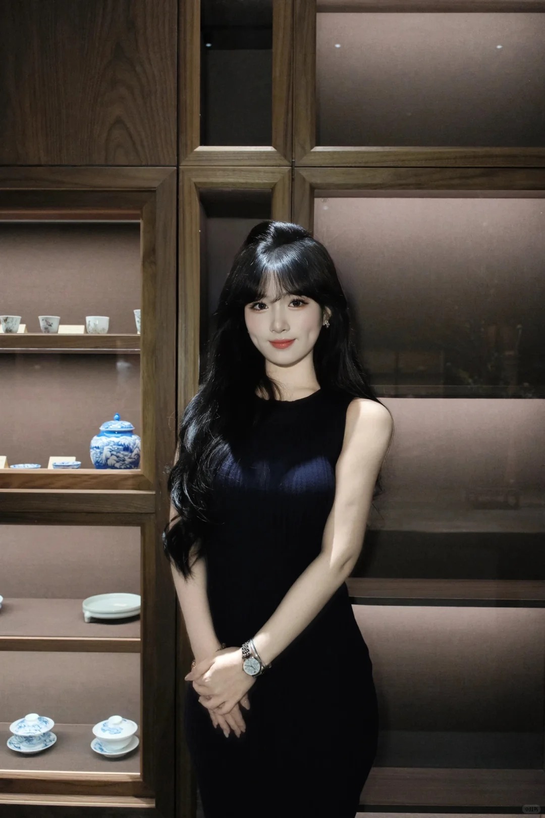 穿黑色长裙的女性站在室内